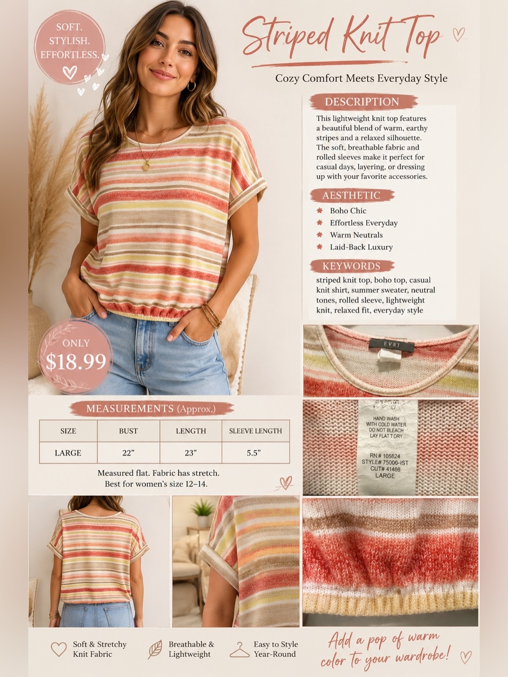 Striped Short-Sleeve Knit Top in Coral, Yellow & Cream